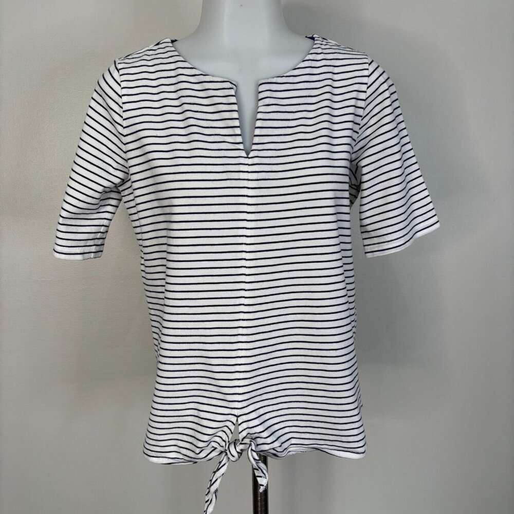 Jones New York Top Small White Navy Blue Striped Tie-Front Cotton Shirt Women's